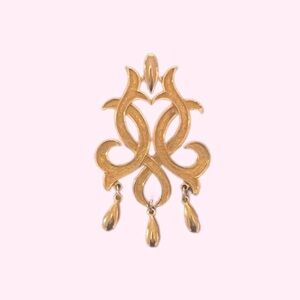 Big Gold Art Nouveau Pendant Leaf/Scroll/Chandelier Style with Dangly Tear Drops